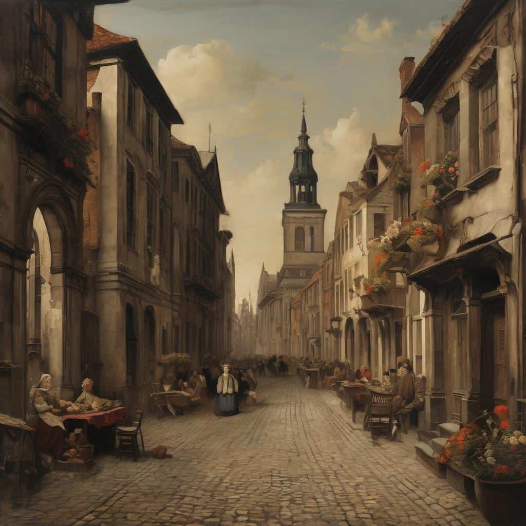 Παραδοσιακή ευρωπαϊκή σκηνή με καλλιτέχνες που δημιουργούν με πάθος και πόνο σε δρόμο της πόλης.