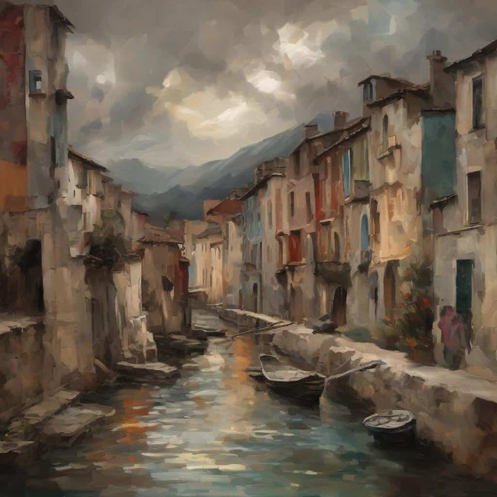 Χωριά κοντά σε κανάλι, ζωγραφισμένο με παστέλ αποχρώσεις, ατμοσφαιρικό και ρομαντικό, με βουνά στο βάθος.
