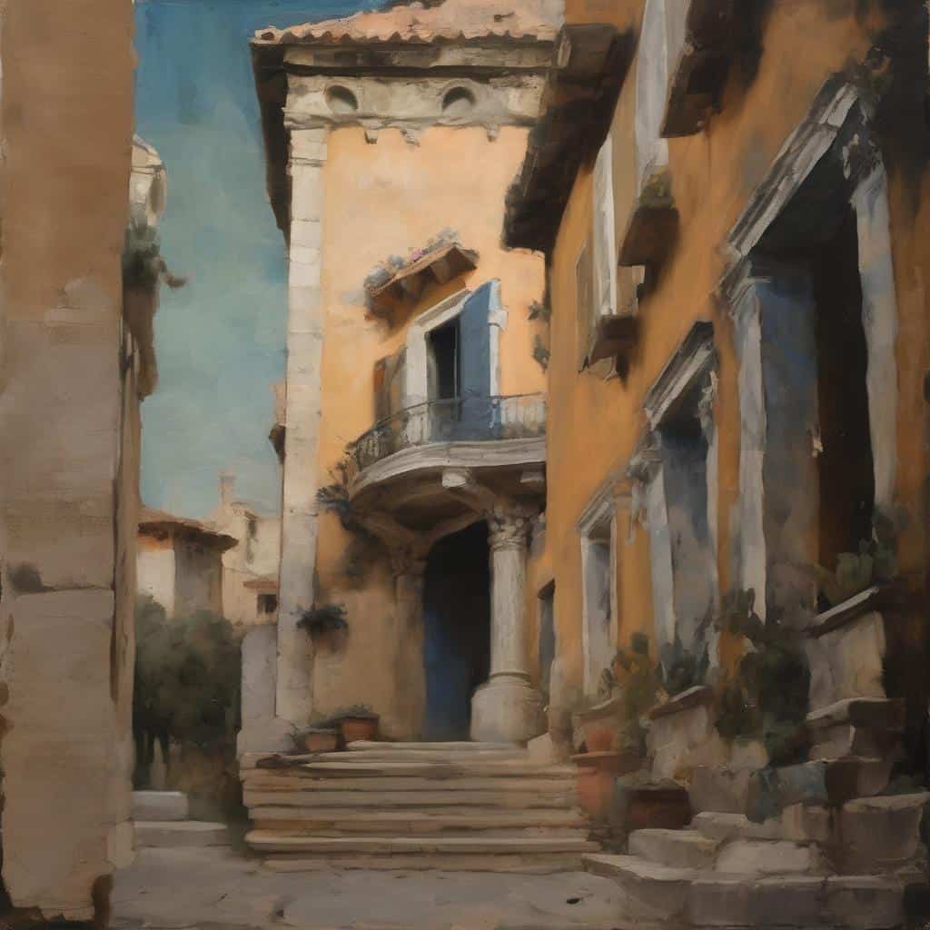 Παλιό αστικό κτήριο σε ρεαλιστική ζωγραφική εικόνα, χαρακτηριστικό της αθηναϊκής αρχιτεκτονικής.